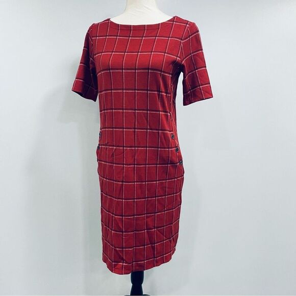 J. JILL XS Red Windowpane Ponte Knit Boatneck Sheath Dress Christmas Classic - Picture 5 of 15